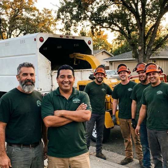 Tree service owner and crew with chip truck on a DeLand street