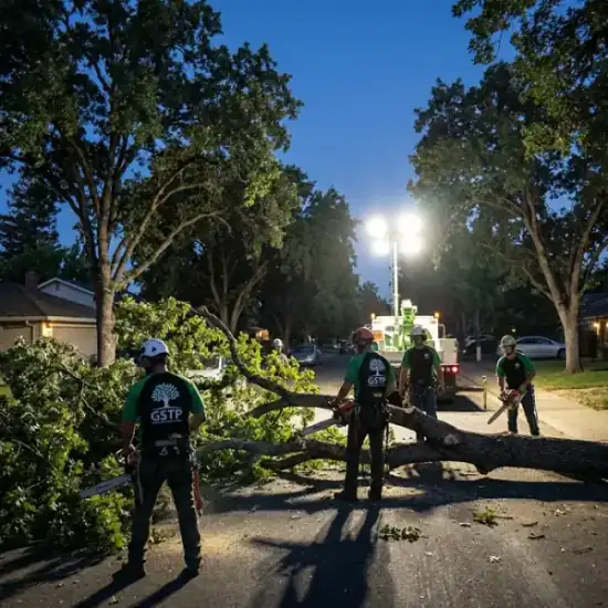 Emergency night tree removal in DeLand after a storm