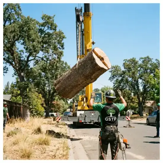 Crane lowering a tree section during a DeLand removal